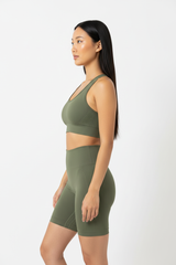 Seamless Sports Bra & Biker Shorts Set in Olive Green — Side Profile