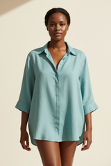 Luxury linen oversized shirt in Ocean Aqua, front facing pose