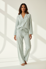 Luxury Striped Cotton Pajama Set — Sage Green Stripe, Front Standing Pose