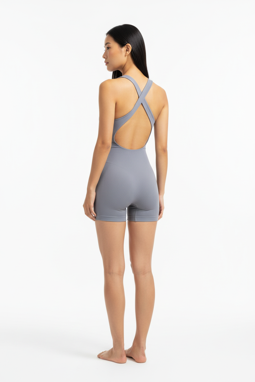 Seamless Body Sculpting Workout Jumpsuit in Stone Grey — Back View