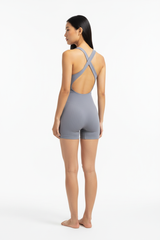 Seamless Body Sculpting Workout Jumpsuit in Stone Grey — Back View