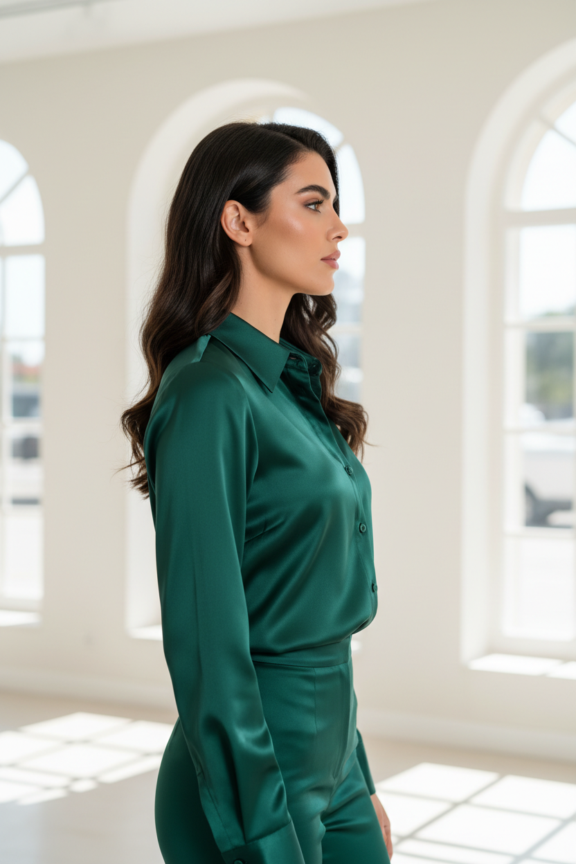 Luxury satin button-up shirt in Deep Emerald, side profile pose
