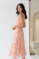 Luxury Floral Midi Dress in Floral Peach - over shoulder pose