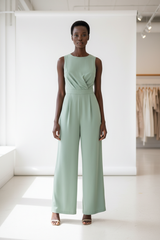 Luxury sleeveless romper in Soft Sage Green – front view