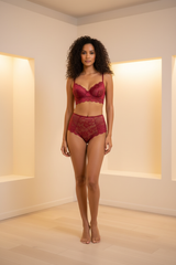 Luxury Floral Lace Fashion Set in Burgundy Red - Front View