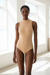 Luxury High-Neck Bodysuit in Soft Beige - Front View