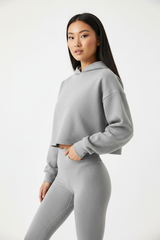 Oversized Cropped Hoodie & Seamless Leggings Set in Heather Grey — Three-Quarter Angle