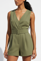 Luxury belted romper in Olive Green – belt detail close-up
