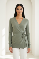 Luxury wrap sweater in Dusty Sage, front facing pose