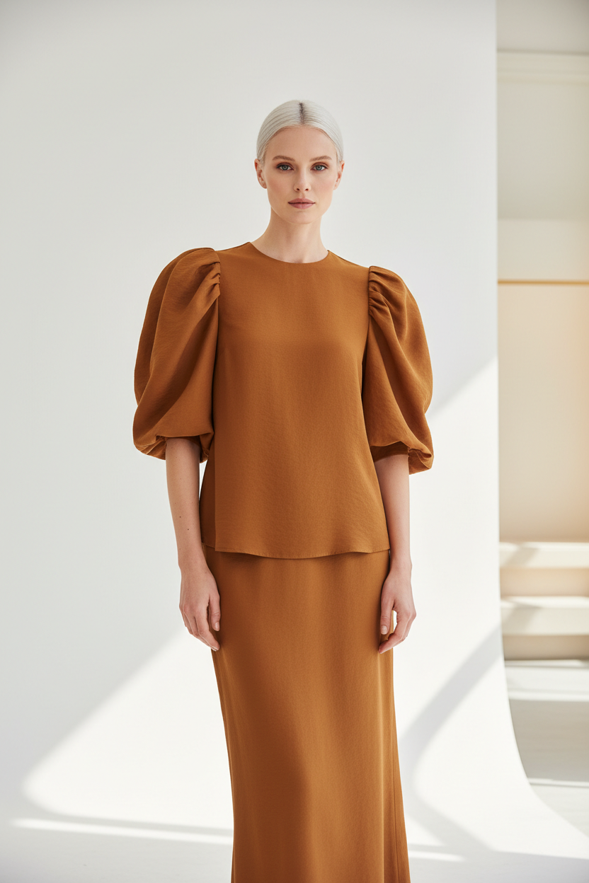 Luxury puff-sleeve shirt in Warm Toffee Brown, front facing pose