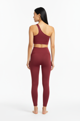 One-Shoulder Sports Bra & Seamless Sculpt Leggings Set in Wine Red — Back View