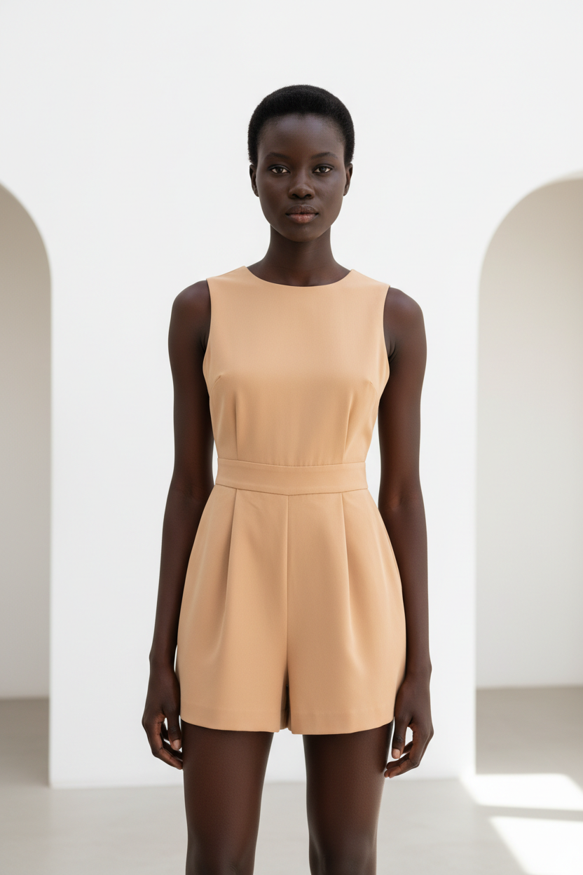 Luxury sleeveless romper in Warm Beige – front view