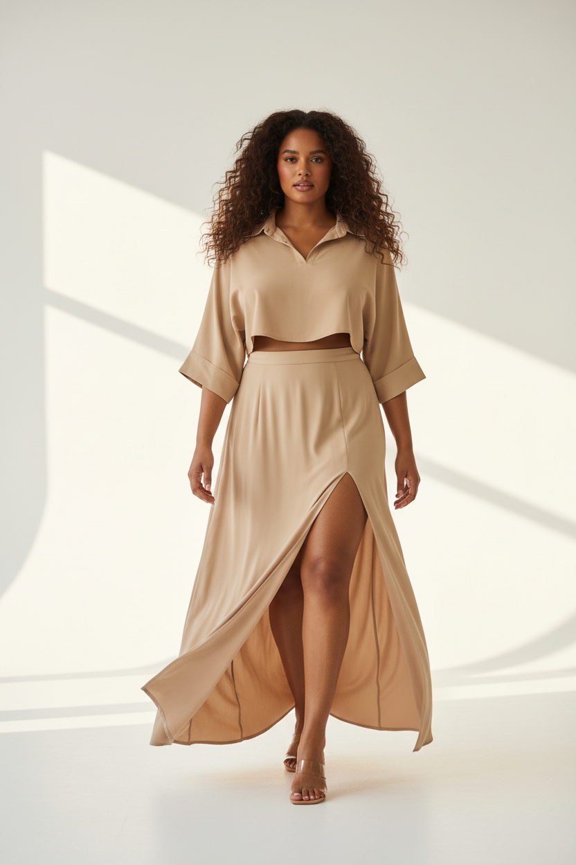 Women's flowy maxi skirt set in sand beige, graceful walking pose