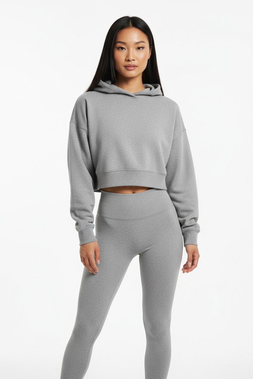 Oversized Cropped Hoodie & Seamless Leggings Set in Heather Grey — Front Full-Body