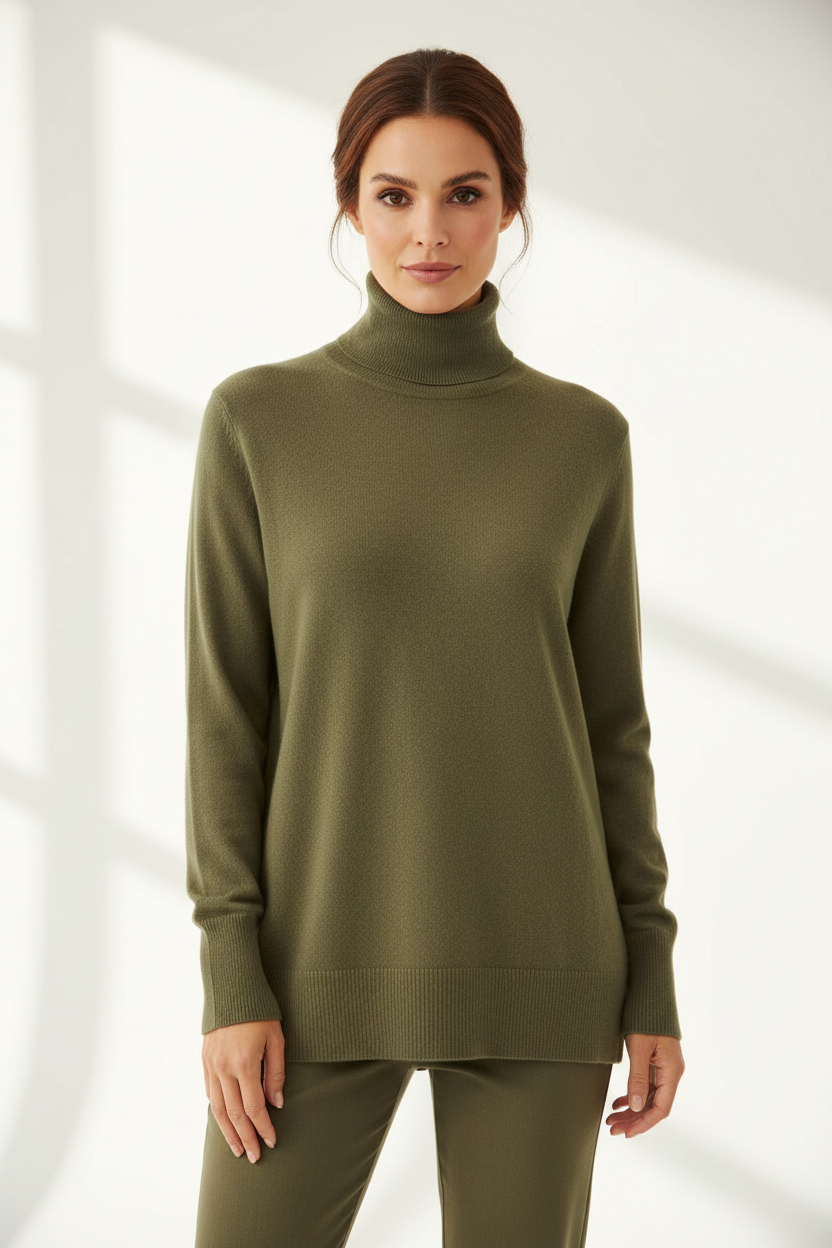 Luxury turtleneck sweater in Dusty Olive, front facing pose