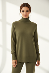 Luxury turtleneck sweater in Dusty Olive, front facing pose
