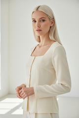 Square-Neck Blouse in Vanilla Cream - Close Up Hands Clasped
