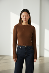 Luxury cropped ribbed sweater in Deep Cocoa Brown, front facing pose