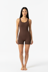 Seamless Body Sculpting Workout Jumpsuit in Espresso Brown — Front Full-Body