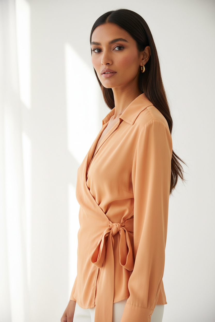 Luxury wrap-front shirt in Warm Apricot, three-quarter turn pose