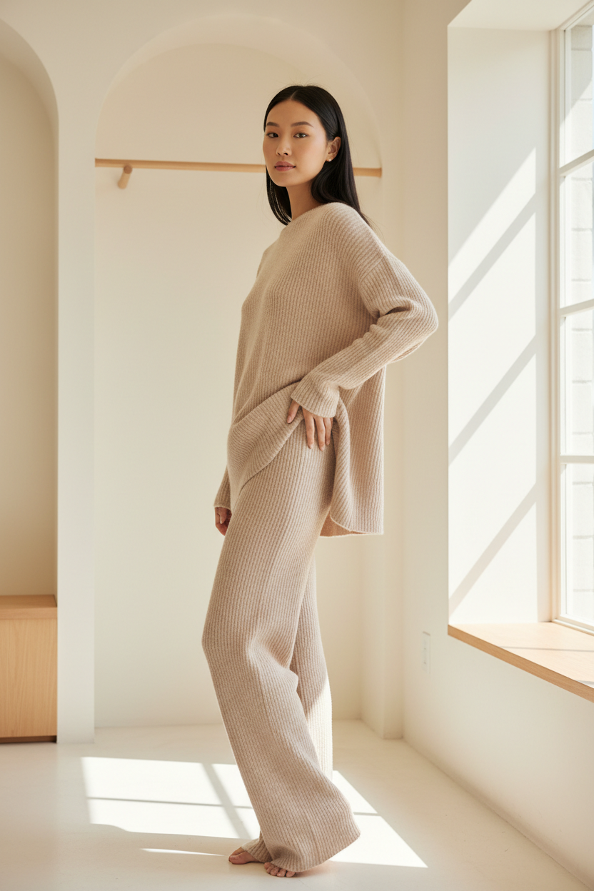 Luxury Ribbed Knit Lounge Set — Soft Beige, Side Profile Pose