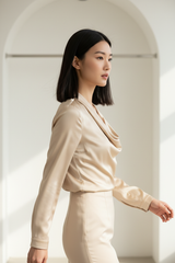 Satin Blouse in Champagne Gold - Side Profile Walking