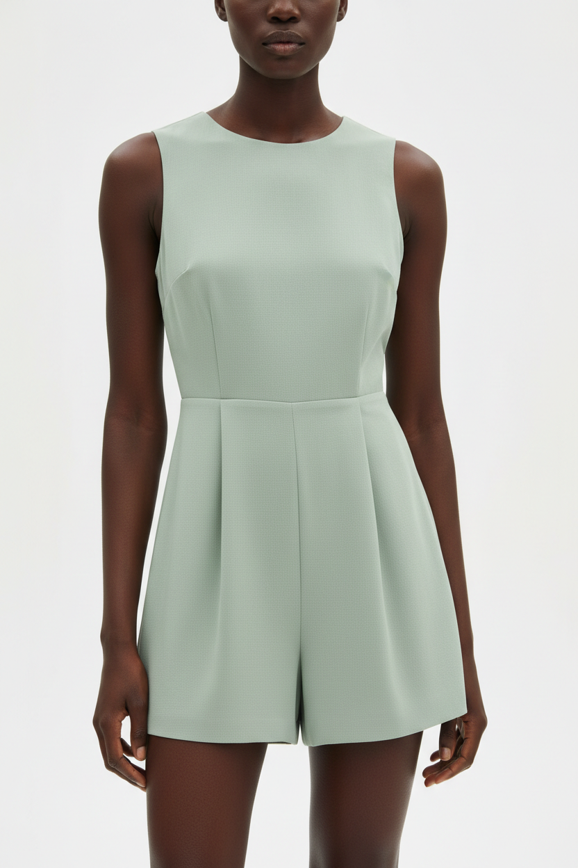 Luxury sleeveless romper in Soft Sage Green – waist-fit detail