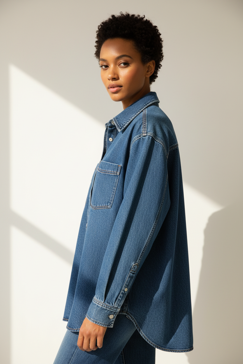 Luxury oversized denim shirt in Washed Indigo, three-quarter turn pose