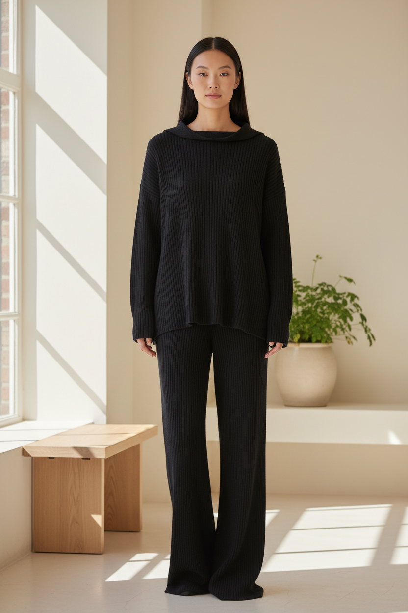 Luxury Ribbed Knit Lounge Set — Matte Black, Front Standing Pose