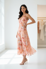 Luxury Floral Midi Dress in Floral Peach - hand on hip pose