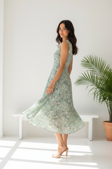 Luxury Floral Midi Dress in Soft Sage - over shoulder pose
