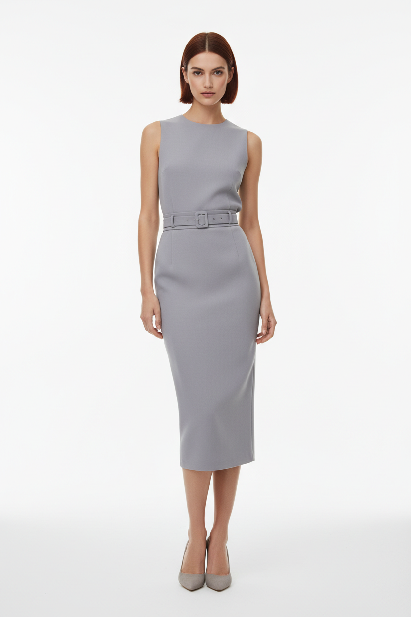 Women's elegant midi skirt set in soft grey, front-facing pose