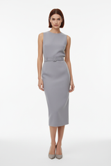 Women's elegant midi skirt set in soft grey, front-facing pose