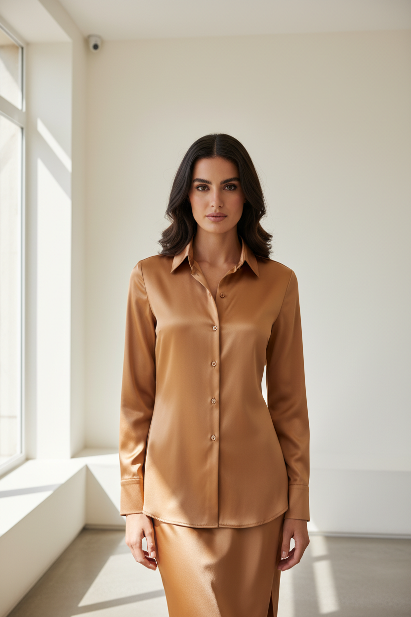 Luxury satin button-up shirt in Champagne Copper, front facing pose