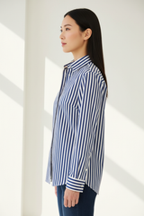 Luxury striped shirt in Coastal Blue Stripe, side profile pose