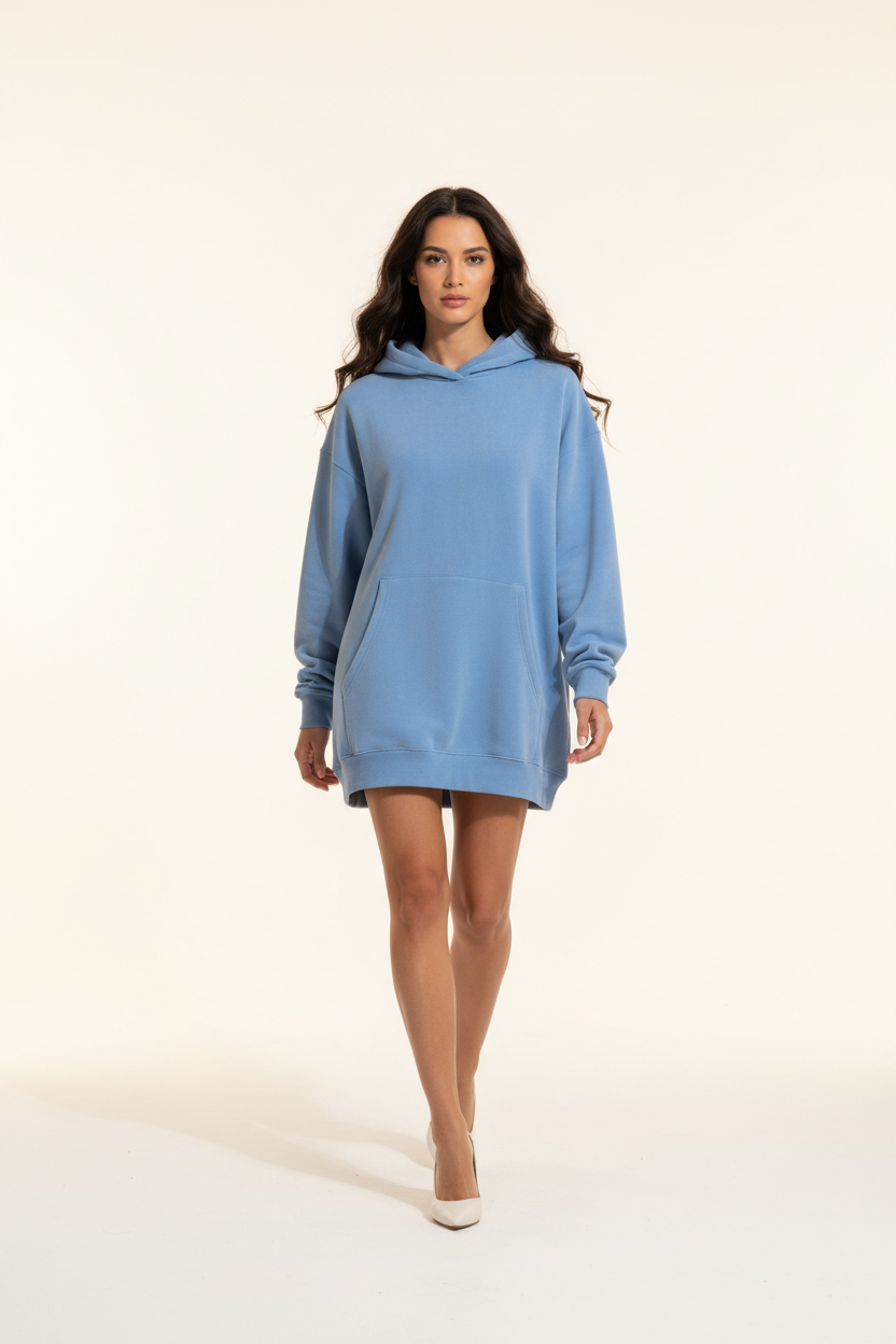 Premium Oversized Hoodie in Powder Blue — Walking pose, airy pastel
