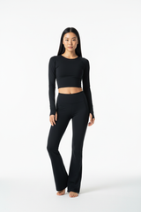 Long Sleeve Performance Top & Flared Yoga Pants Set in Midnight Black — Front Full-Body