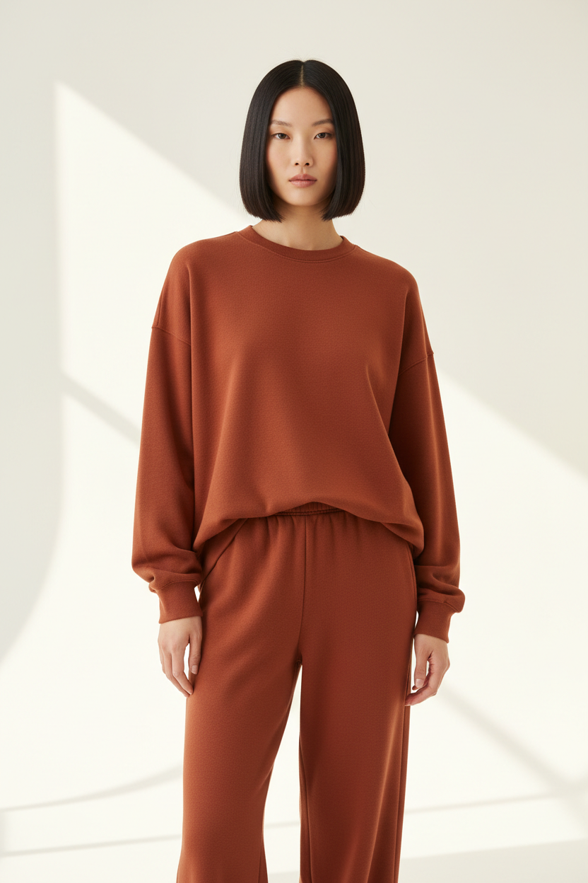 Luxury Oversized Sweatshirt Lounge Set — Burnt Terracotta, Front Standing Pose