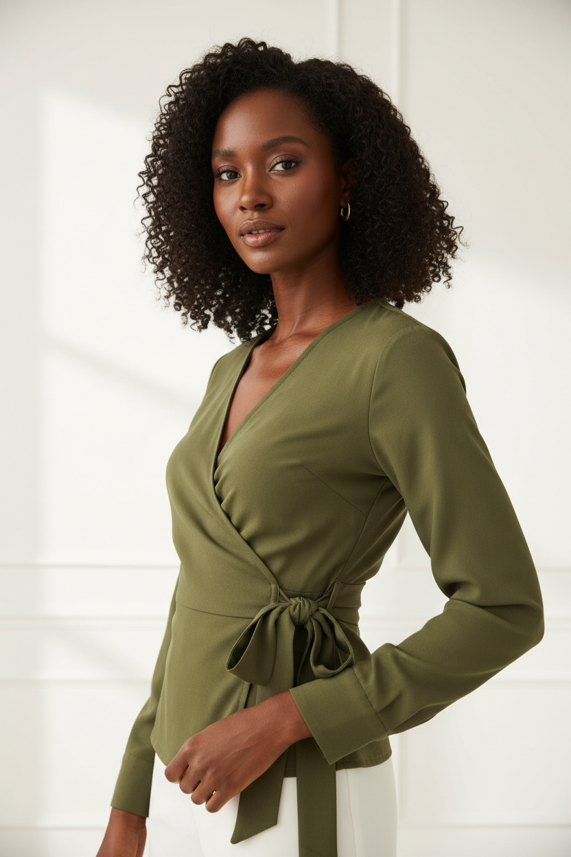 Wrap Blouse in Olive Green - Three Quarter Hand on Waist Tie