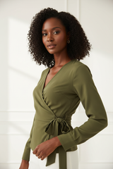 Wrap Blouse in Olive Green - Three Quarter Hand on Waist Tie