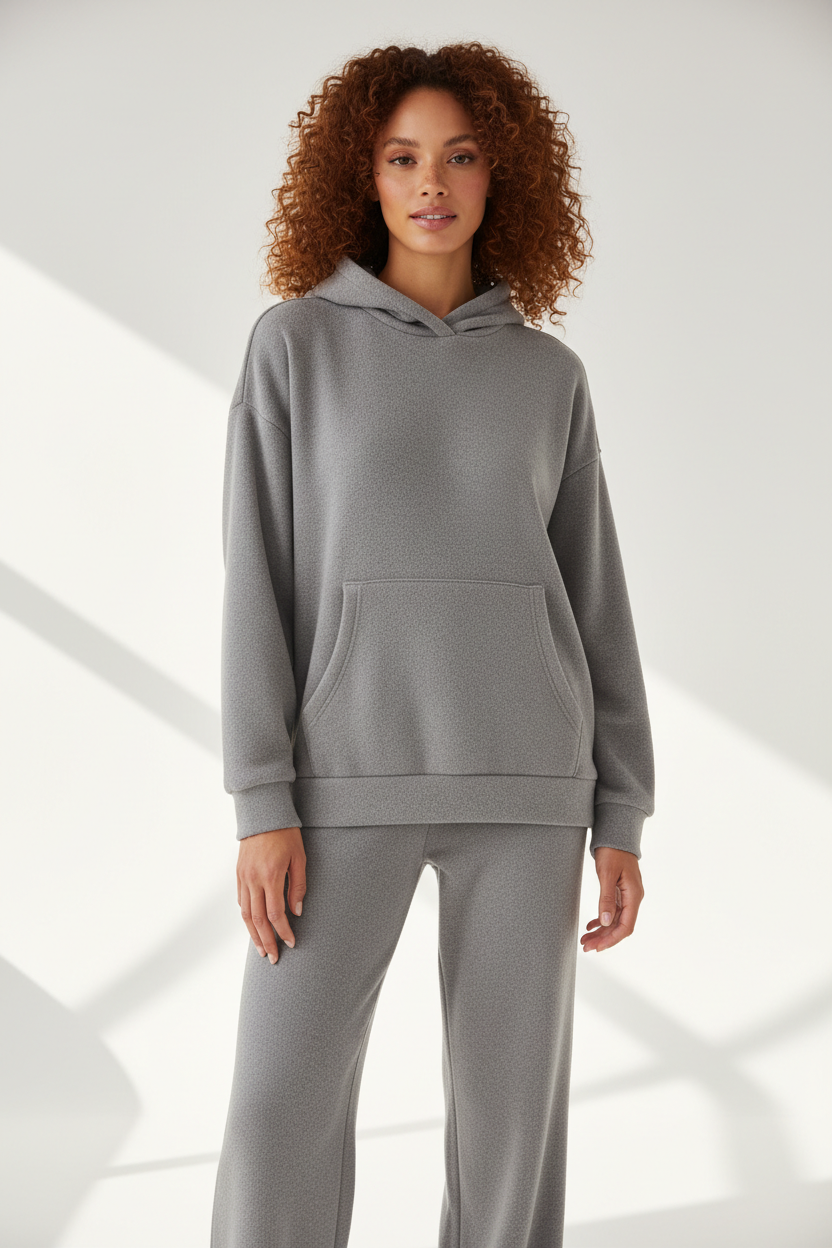 Luxury Fleece Hoodie Lounge Set — Soft Grey, Front Standing Pose