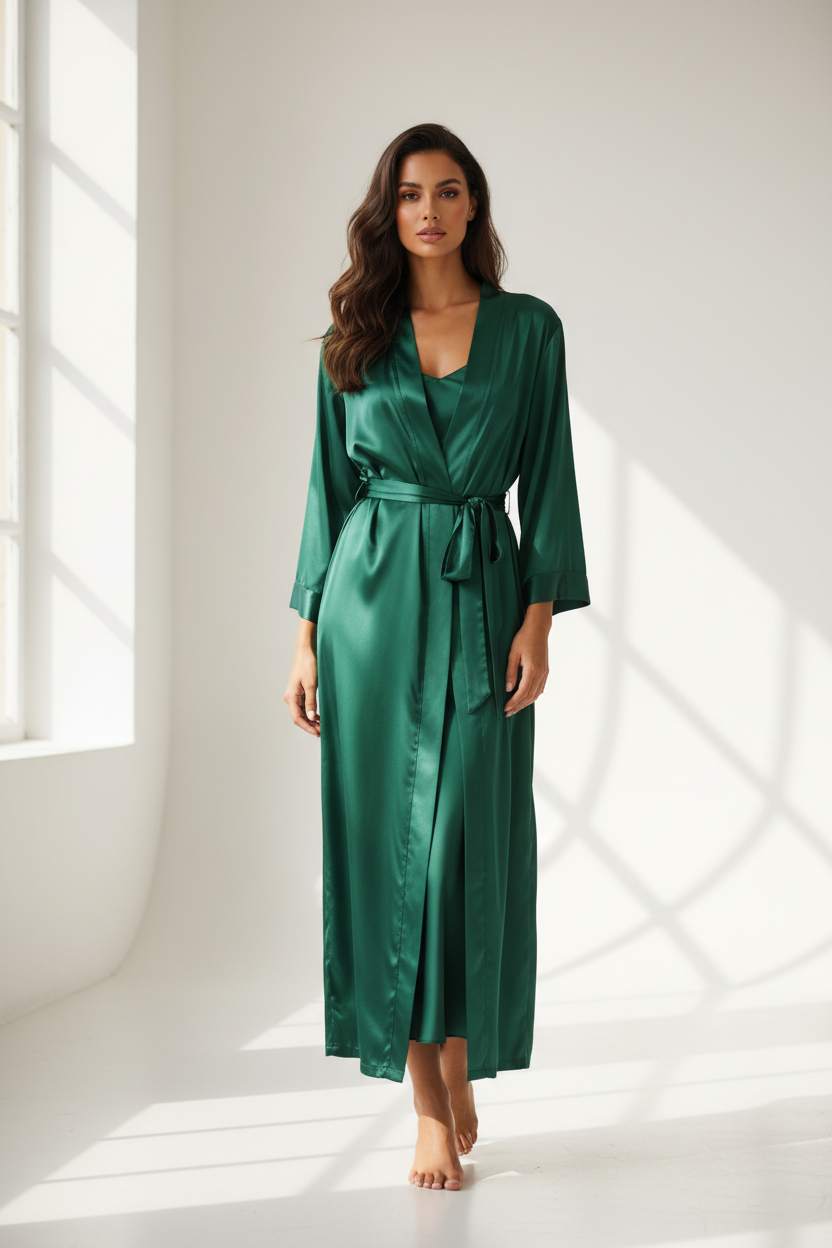 Luxury Satin Robe Set — Forest Green Satin, Front Standing Belted