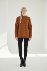 Luxury cable-knit sweater in Warm Cinnamon, front facing pose