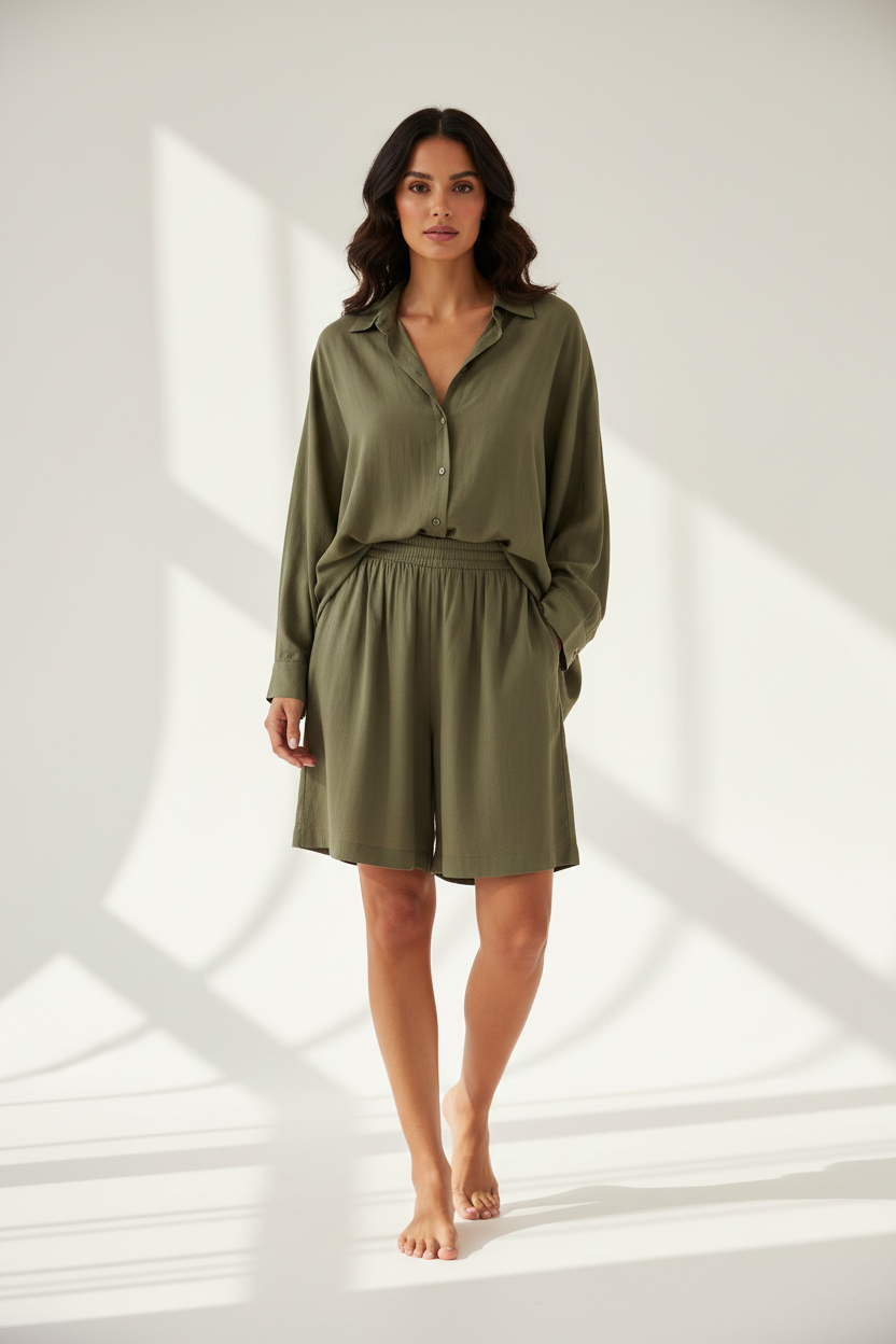 Olive Khaki Shirt Shorts Set – Front Pose