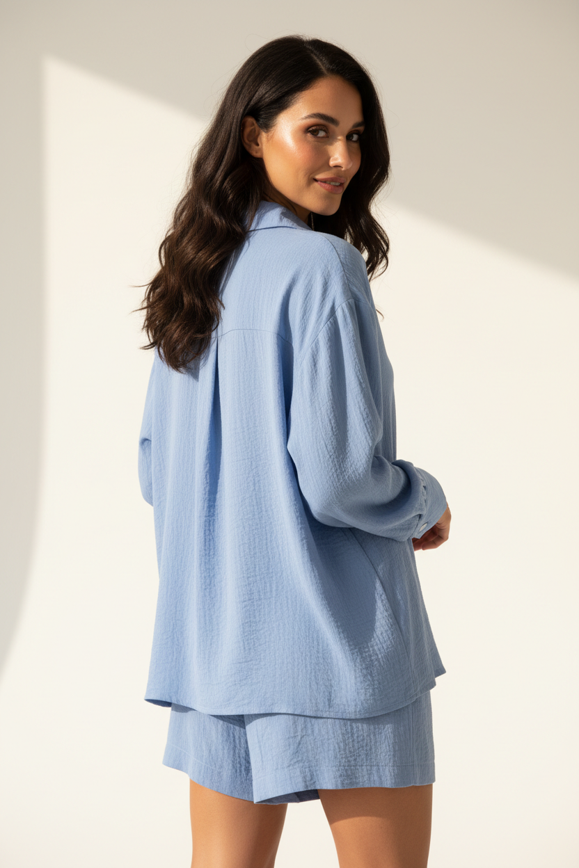 Powder Blue Shirt Shorts Set – Back Pose