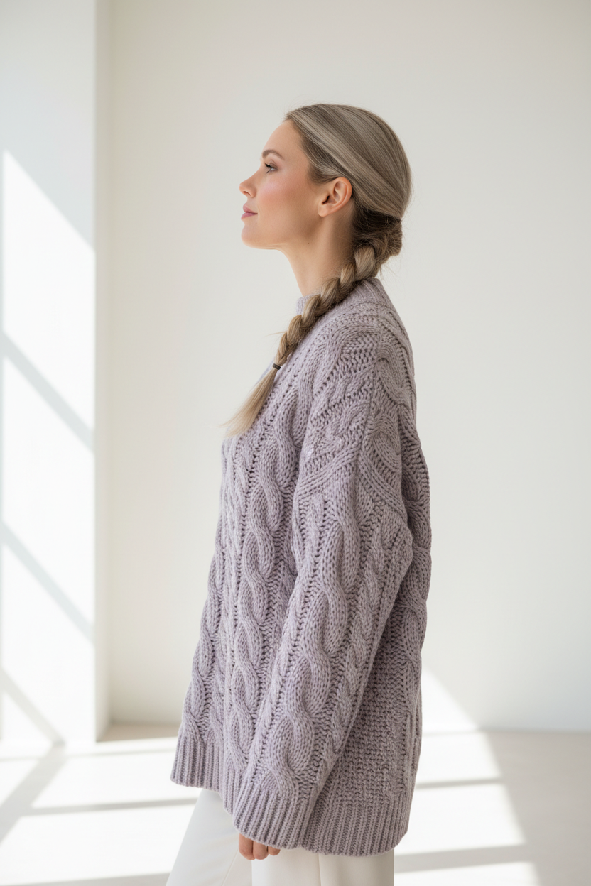 Luxury cable-knit sweater in Frosted Lavender, side profile pose