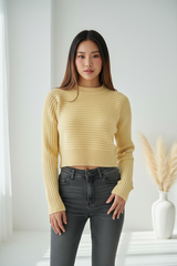 Luxury cropped ribbed sweater in Buttercream Yellow, front facing pose