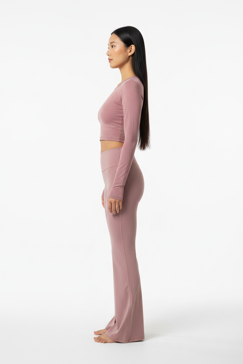 Long Sleeve Performance Top & Flared Yoga Pants Set in Dusty Rose — Side Profile