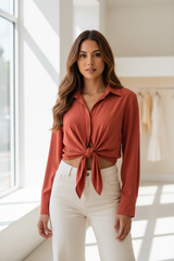 Luxury cropped front-tie shirt in Burnt Coral, front facing pose