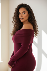 Luxury off-shoulder sweater in Rich Burgundy, three-quarter turn pose